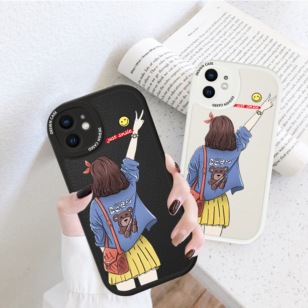 Hontinga for iPhone 13 Mini Back Cover PU Leather Cartoon Elegant