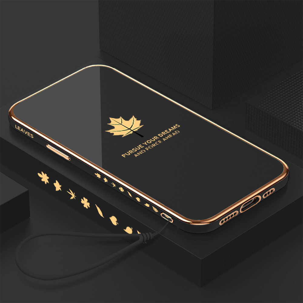 Hontinga for Realme C51 C53 Narzo N53 Note 50 Back Cover Free Strap Luxury 6D Plating Maple Leaf Side Pattern Case Soft Silicone Square Mobile Cover